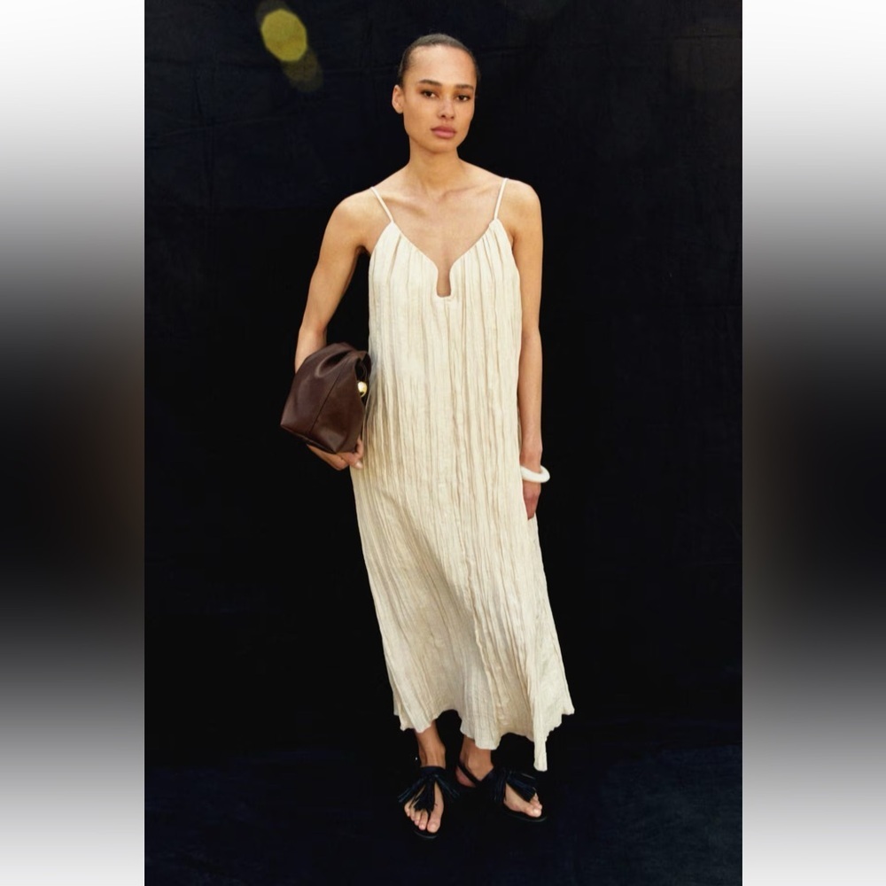 H&M‎ Edition Crinkle Midi Dress in Ivory, Sz S Loose fit New with imperfections.